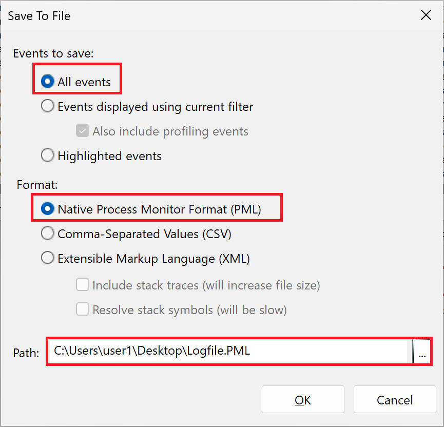 Process Monitorログの保存先